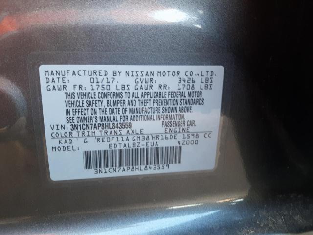 Photo 10 from auction – 2017 NISSAN VERSA S with VIN 3N1CN7AP8HL843559