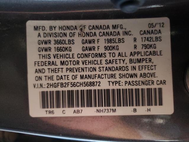 Photo 10 from auction – 2012 HONDA CIVIC LX with VIN 2HGFB2F56CH568872
