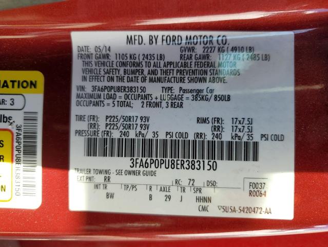 Photo 10 from auction – 2014 FORD FUSION SE with VIN 3FA6P0PU8ER383150
