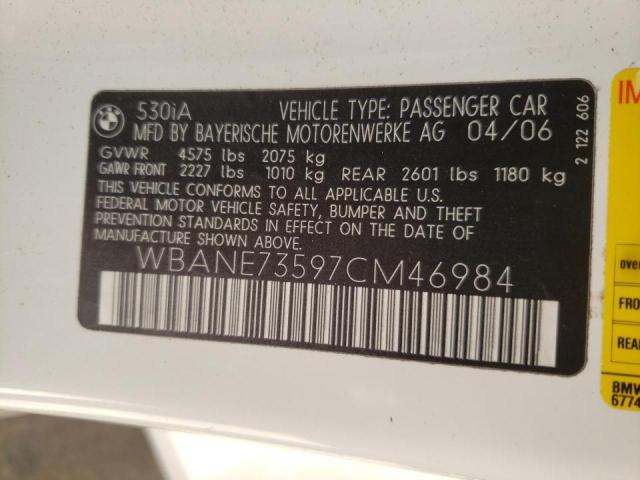 Photo 10 from auction – 2007 BMW 530 I with VIN WBANE73597CM46984