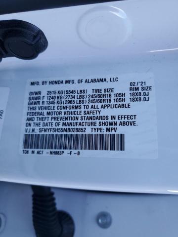 Photo 10 from auction – 2021 HONDA PILOT EXL with VIN 5FNYF5H55MB028852