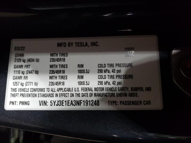 Photo 10 from auction – 2022 TESLA MODEL 3 with VIN 5YJ3E1EA3NF191248