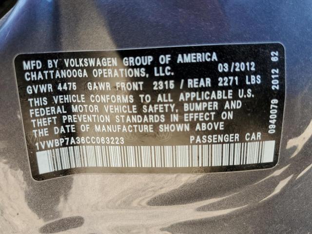 Photo 10 from auction – 2012 VOLKSWAGEN PASSAT SE with VIN 1VWBP7A36CC063223