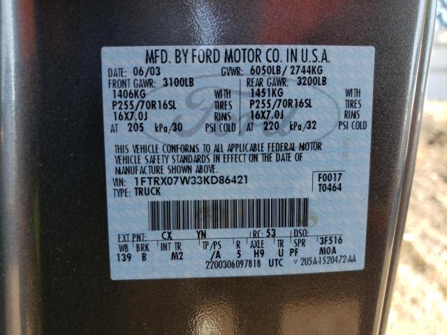 Photo 10 from auction – 2003 FORD F150 with VIN 1FTRX07W33KD86421