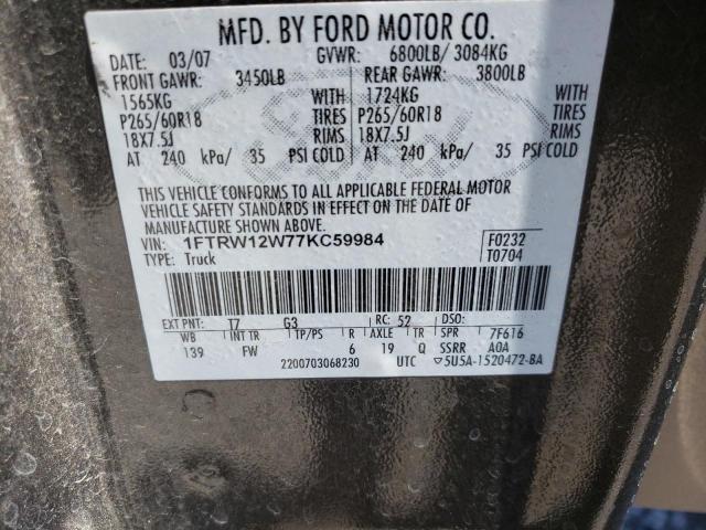 Photo 10 from auction – 2007 FORD F150 SUPER with VIN 1FTRW12W77KC59984