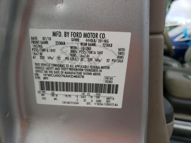 Photo 10 from auction – 2010 FORD ESCAPE XLT with VIN 1FMCU0D76AKD46578