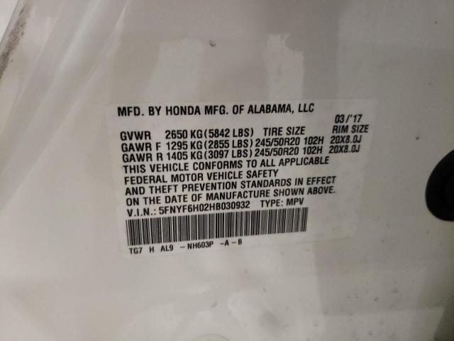 Photo 10 from auction – 2017 HONDA PILOT ELIT with VIN 5FNYF6H02HB030932