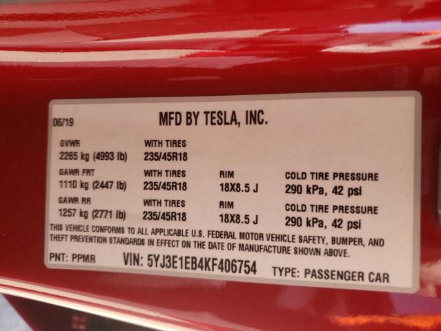 Photo 10 from auction – 2019 TESLA MODEL 3 with VIN 5YJ3E1EB4KF406754