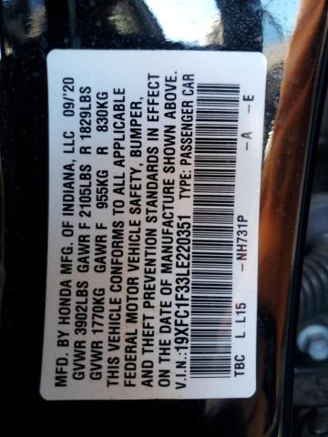 Photo 10 from auction – 2020 HONDA CIVIC with VIN 19XFC1F33LE220351