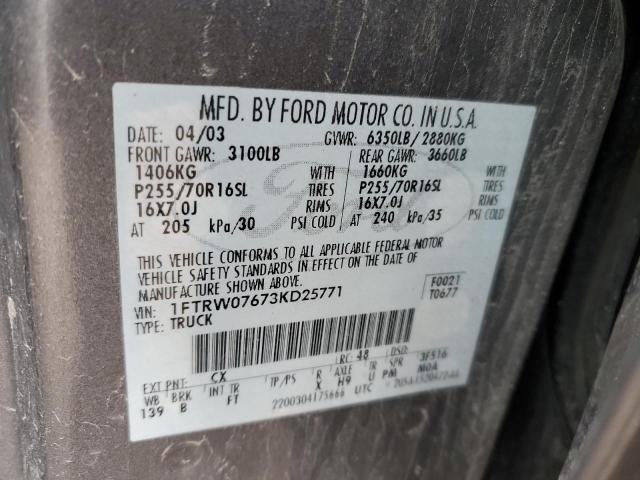 Photo 10 from auction – 2003 FORD F150 SUPER with VIN 1FTRW07673KD25771