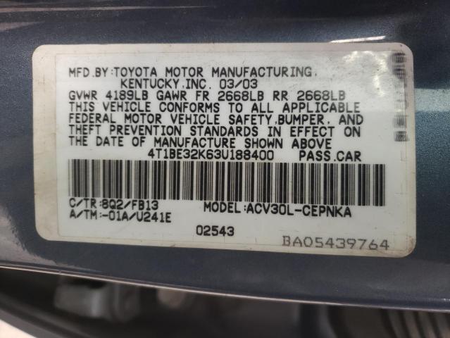 Photo 10 from auction – 2003 TOYOTA CAMRY LE with VIN 4T1BE32K63U188400