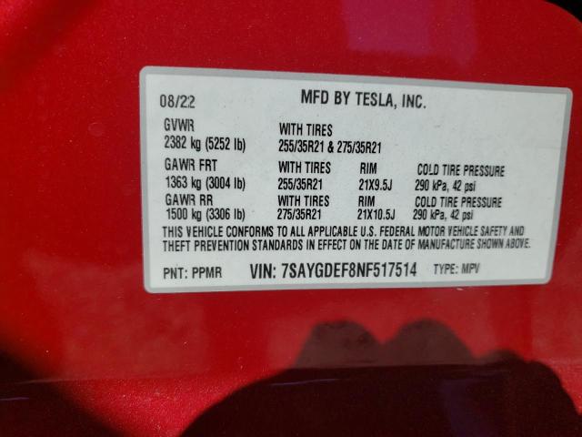 Photo 10 from auction – 2022 TESLA MODEL Y with VIN 7SAYGDEF8NF517514