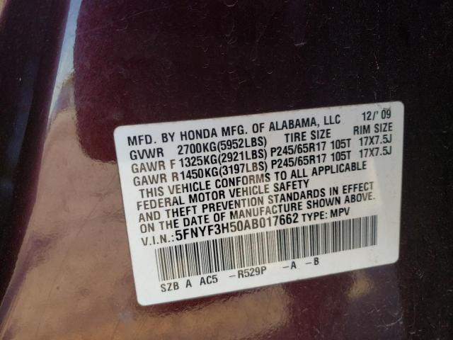 Photo 10 from auction – 2010 HONDA PILOT EXL with VIN 5FNYF3H50AB017662