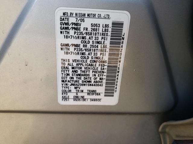 Photo 10 from auction – 2005 NISSAN MURANO SL with VIN JN8AZ08W15W440840