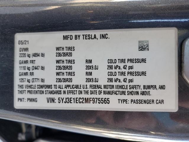 Photo 10 from auction – 2021 TESLA MODEL 3 with VIN 5YJ3E1EC2MF975565