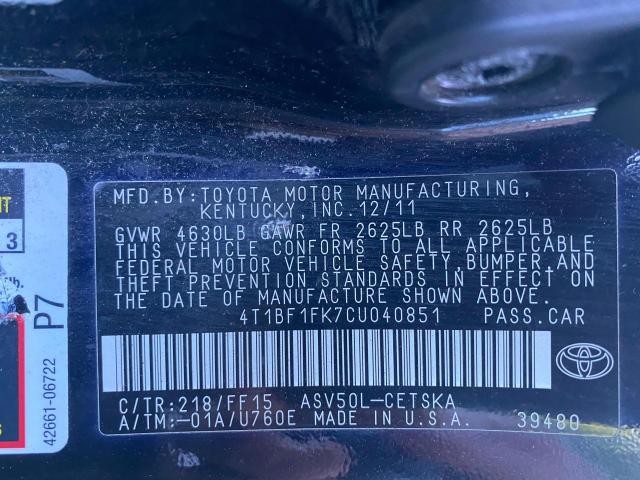 Photo 10 from auction – 2012 TOYOTA CAMRY BASE with VIN 4T1BF1FK7CU040851