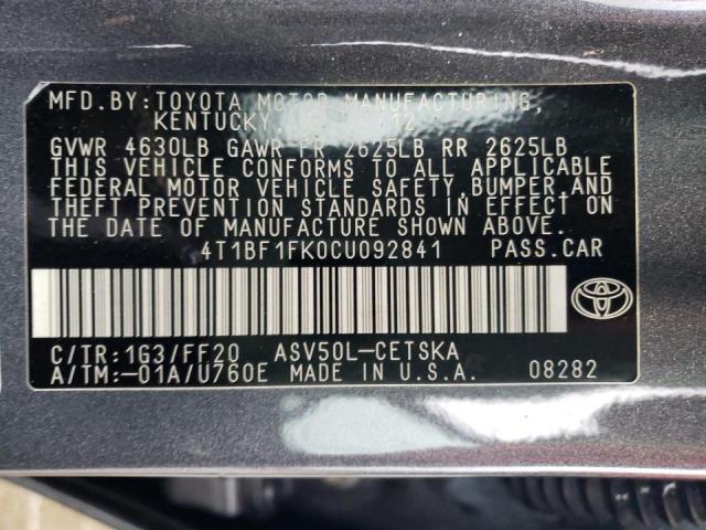 Photo 10 from auction – 2012 TOYOTA CAMRY BASE with VIN 4T1BF1FK0CU092841