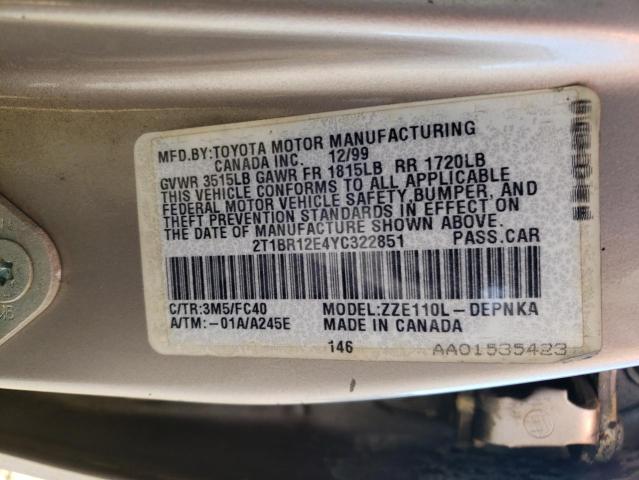 Photo 10 from auction – 2000 TOYOTA COROLLA VE with VIN 2T1BR12E4YC322851