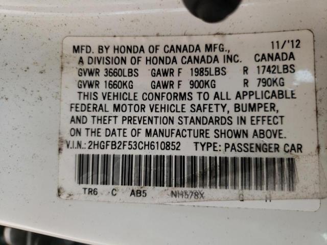 Photo 10 from auction – 2012 HONDA CIVIC LX with VIN 2HGFB2F53CH610852