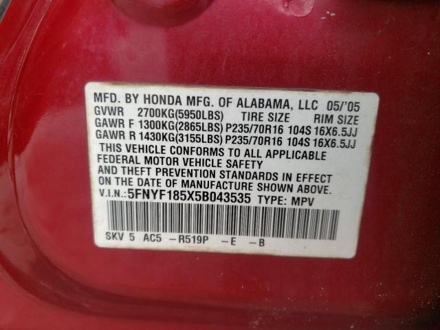 Photo 10 from auction – 2005 HONDA PILOT EXL with VIN 5FNYF185X5B043535