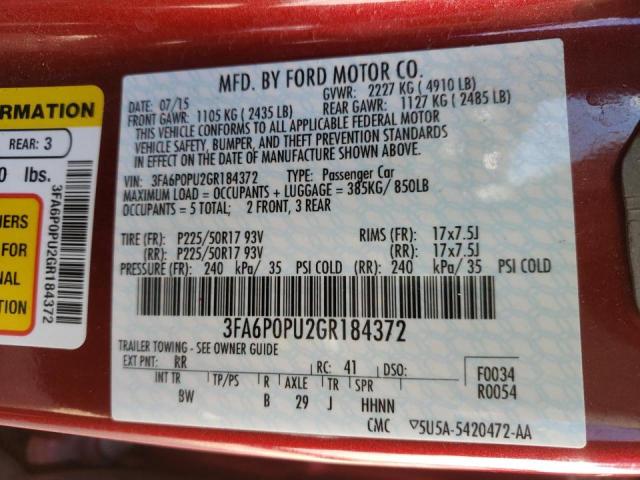 Photo 10 from auction – 2016 FORD FUSION SE with VIN 3FA6P0PU2GR184372