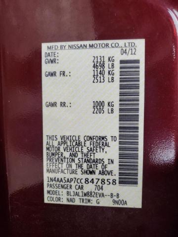 Photo 10 from auction – 2012 NISSAN MAXIMA S with VIN 1N4AA5AP7CC847858