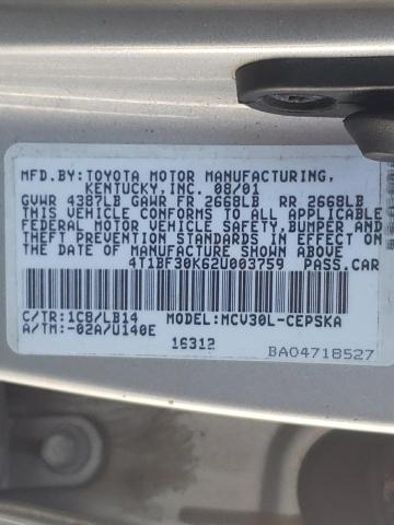 Photo 10 from auction – 2002 TOYOTA CAMRY LE with VIN 4T1BF30K62U003759