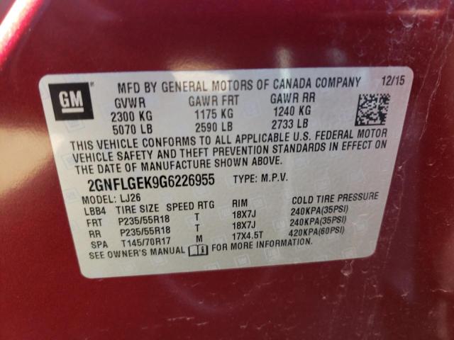 Photo 10 from auction – 2016 CHEVROLET EQUINOX LT with VIN 2GNFLGEK9G6226955