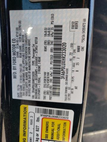 Photo 10 from auction – 2017 FORD FUSION SE with VIN 3FA6P0LUXHR233020