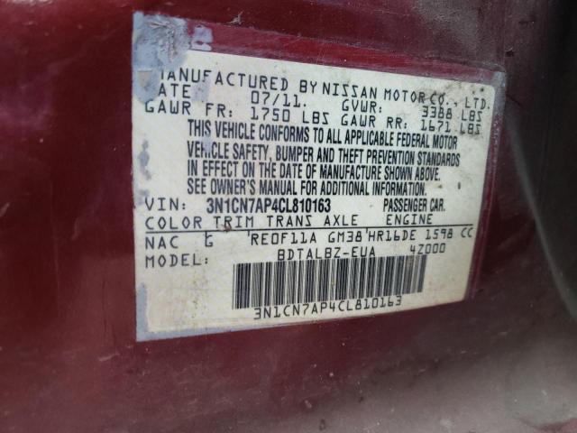 Photo 10 from auction – 2012 NISSAN VERSA S with VIN 3N1CN7AP4CL810163