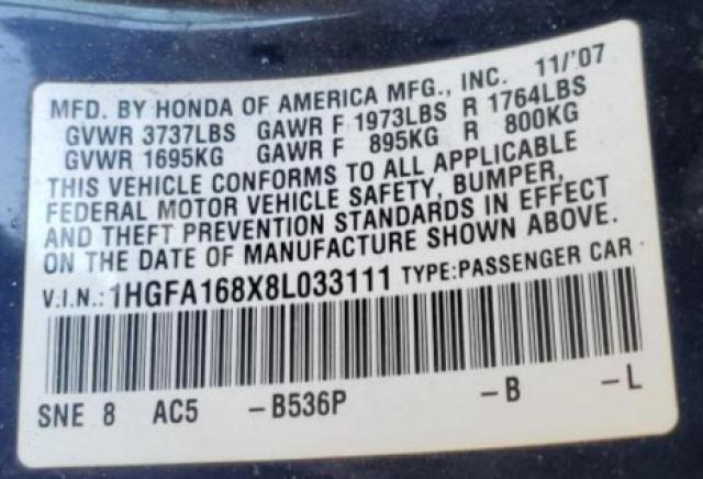 Photo 10 from auction – 2008 HONDA CIVIC EX with VIN 1HGFA168X8L033111