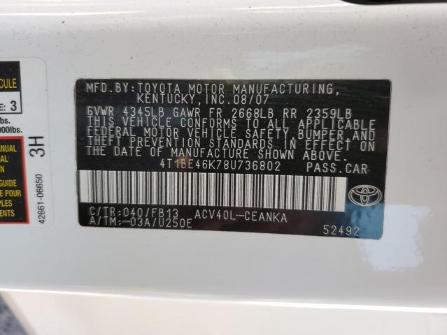 Photo 10 from auction – 2008 TOYOTA CAMRY CE with VIN 4T1BE46K78U736802