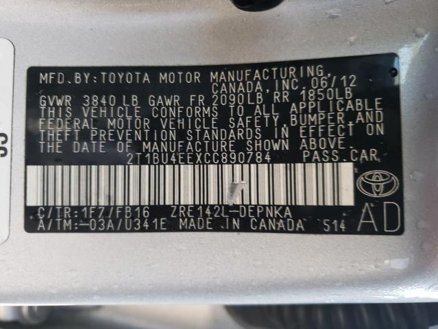Photo 10 from auction – 2012 TOYOTA COROLLA BA with VIN 2T1BU4EEXCC890784