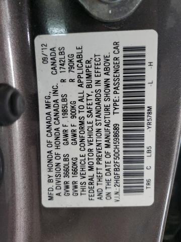 Photo 10 from auction – 2012 HONDA CIVIC LX with VIN 2HGFB2F50CH598689
