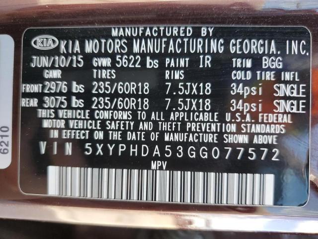 Photo 10 from auction – 2016 KIA SORENTO EX with VIN 5XYPHDA53GG077572