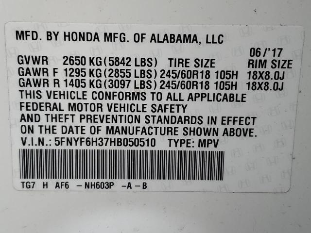 Photo 10 from auction – 2017 HONDA PILOT EX with VIN 5FNYF6H37HB050510