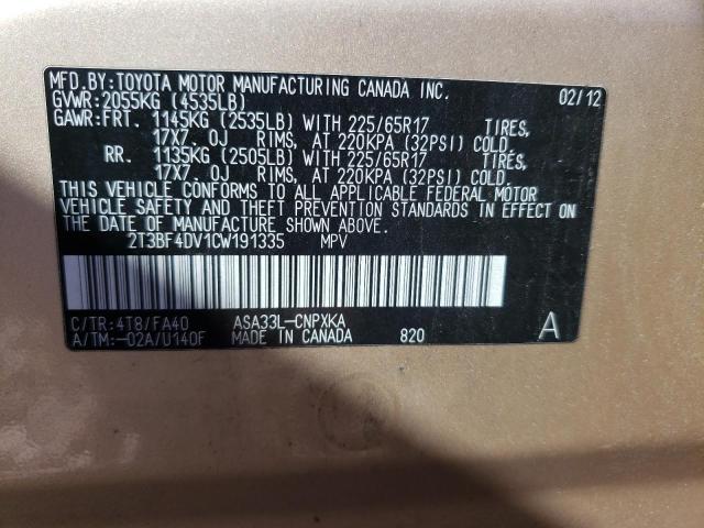 Photo 10 from auction – 2012 TOYOTA RAV4 with VIN 2T3BF4DV1CW191335