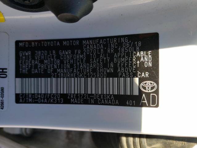 Photo 10 from auction – 2019 TOYOTA COROLLA L with VIN 2T1BURHE5KC125800