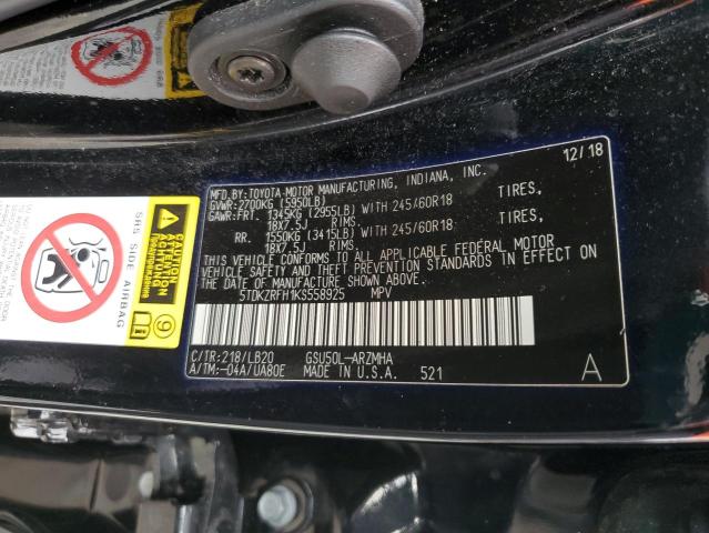 Photo 10 from auction – 2019 TOYOTA HIGHLANDER with VIN 5TDKZRFH1KS558925