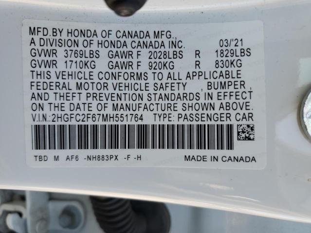 Photo 10 from auction – 2021 HONDA CIVIC with VIN 2HGFC2F67MH551764