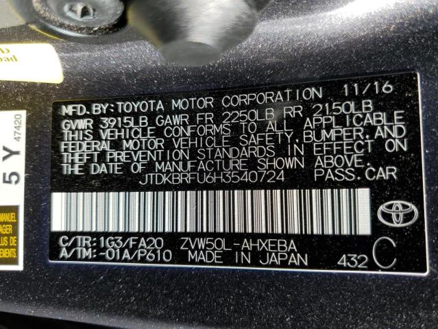 Photo 10 from auction – 2017 TOYOTA PRIUS with VIN JTDKBRFU6H3540724