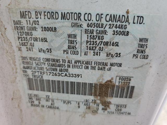 Photo 10 from auction – 2003 FORD F150 with VIN 2FTRF17263CA33391