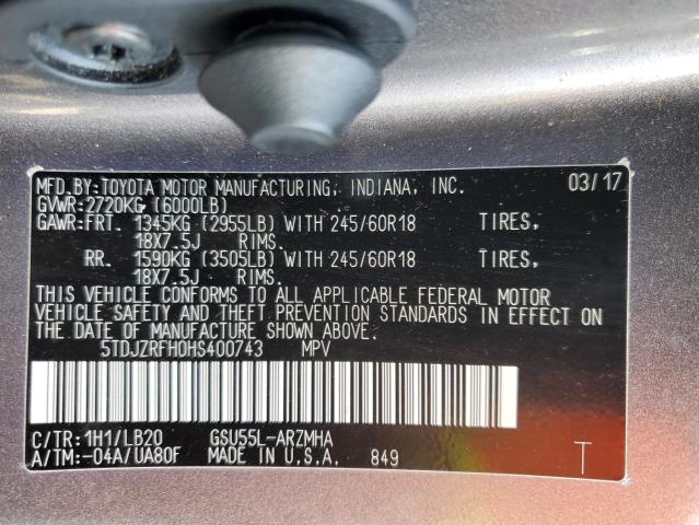 Photo 10 from auction – 2017 TOYOTA HIGHLANDER with VIN 5TDJZRFH0HS400743