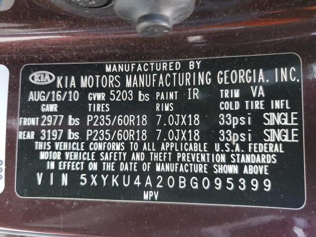 Photo 10 from auction – 2011 KIA SORENTO EX with VIN 5XYKU4A20BG095399