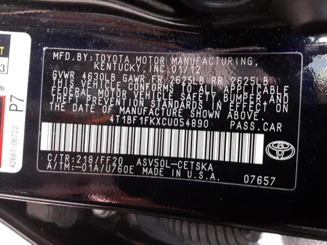 Photo 10 from auction – 2012 TOYOTA CAMRY BASE with VIN 4T1BF1FKXCU054890