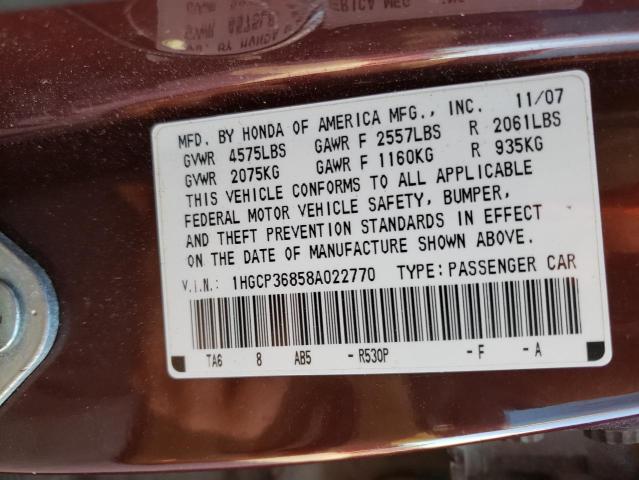 Photo 10 from auction – 2008 HONDA ACCORD with VIN 1HGCP36858A022770