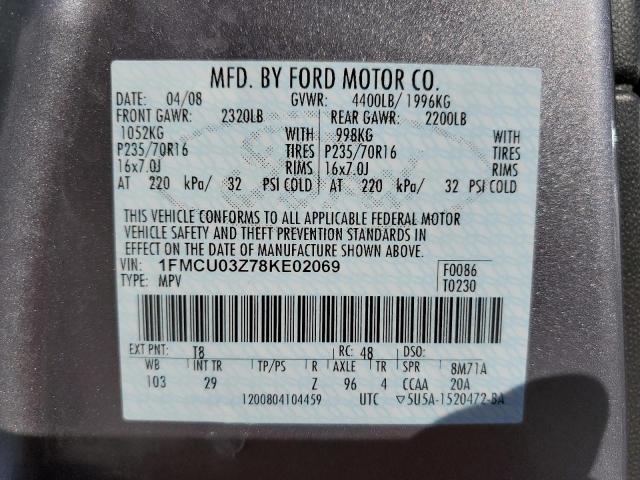 Photo 10 from auction – 2008 FORD ESCAPE XLT with VIN 1FMCU03Z78KE02069