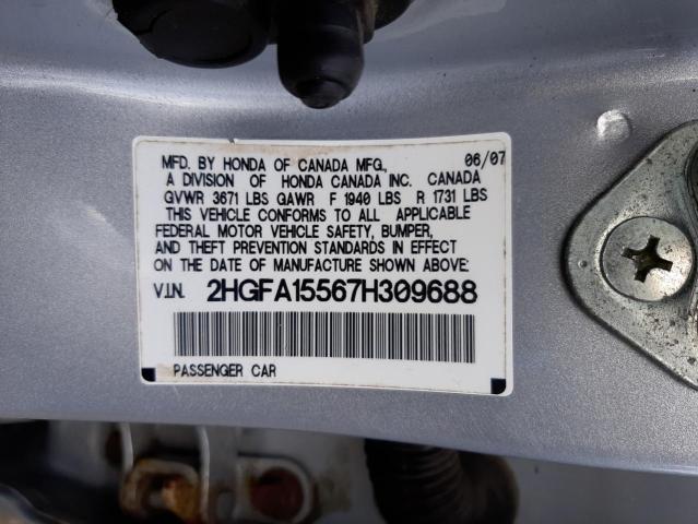 Photo 10 from auction – 2007 HONDA CIVIC LX with VIN 2HGFA15567H309688