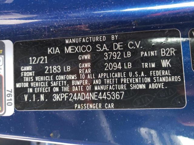 Photo 10 from auction – 2022 KIA FORTE FE with VIN 3KPF24AD4NE445367