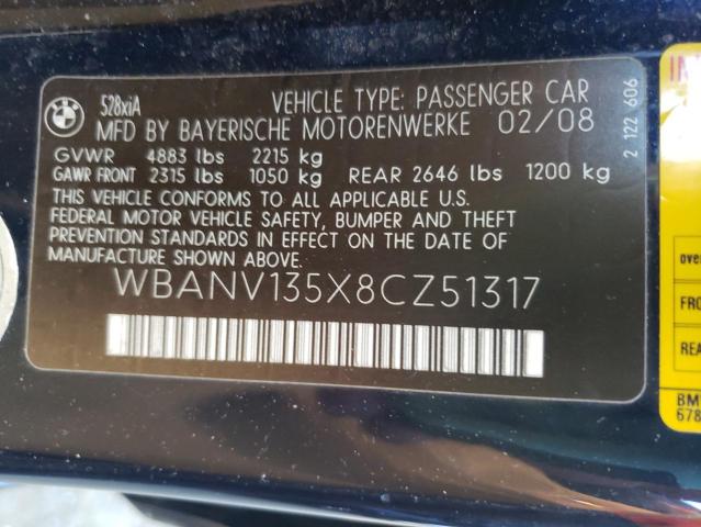 Photo 10 from auction – 2008 BMW 528 XI with VIN WBANV135X8CZ51317